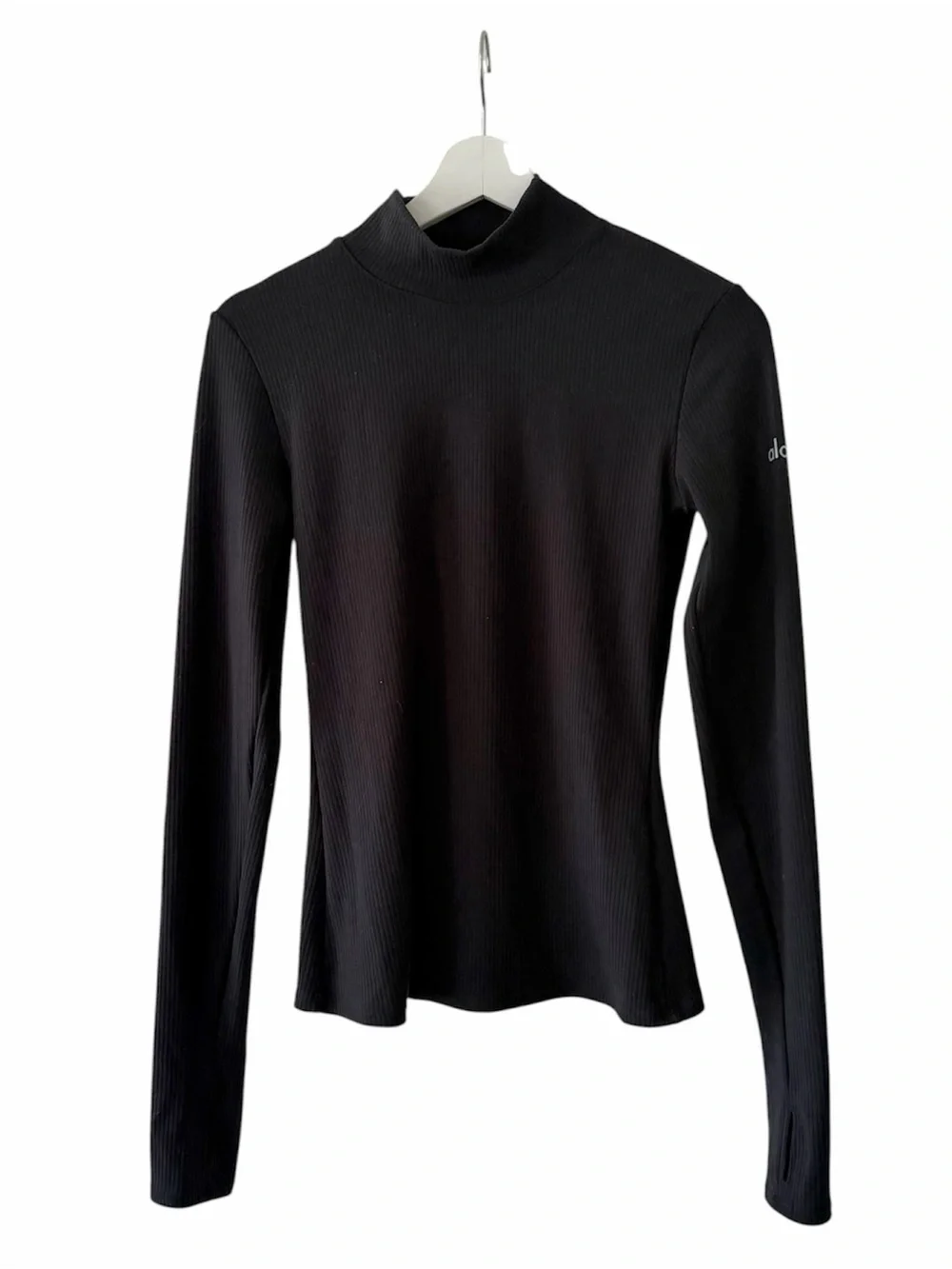 ALO Yoga Black Ribbed Mock Neck Top Thumbholes Size Small